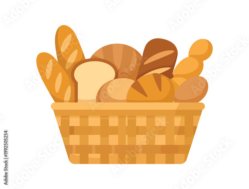 A wicker basket filled with various types of bread on a plain white background