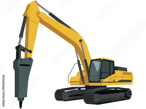 A yellow excavator with a large drill attachment is positioned on a white background for industrial or construction purposes.