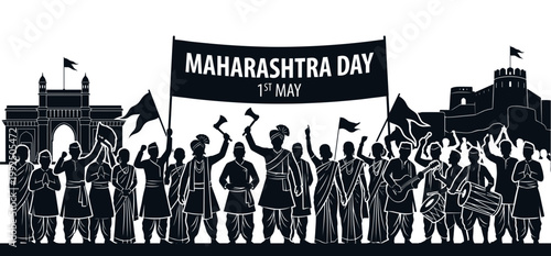 1st May Maharashtra Day Vector Silhouette Illustration Of Celebrating Crowd With Banners Flags And Historical Monuments Background For State Holiday
