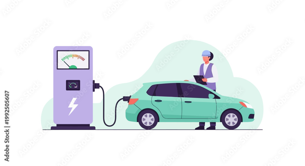 Naklejka premium Electric car charging at a power station with a person monitoring progress vector illustration. EPS Editable. Vector Illustrations.