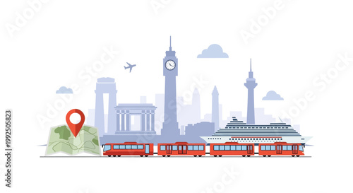 Flat vector illustration of global travel concept with world landmarks train ship and map pin. EPS Editable. Vector Illustrations.