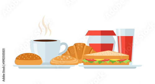 Flat vector illustration of breakfast and lunch food items with coffee and juice. EPS Editable. Vector Illustrations.