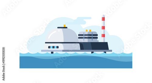 Floating Nuclear Power Plant on Ocean Surface. EPS Editable. Vector Illustrations.