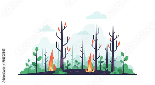 Forest fire with burning trees and scorched ground illustration. EPS Editable. Vector Illustrations.