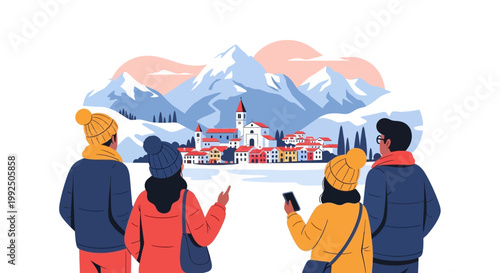 Four people standing together and looking at a beautiful winter landscape. EPS Editable. Vector Illustrations.