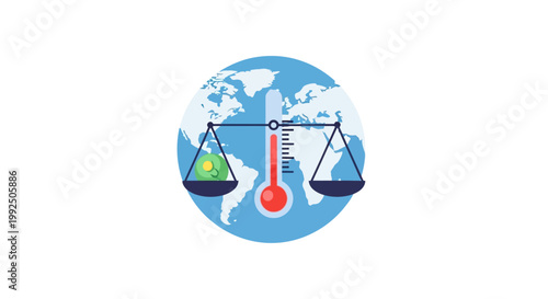 Global climate change concept featuring scales and thermometer. EPS Editable. Vector Illustrations.