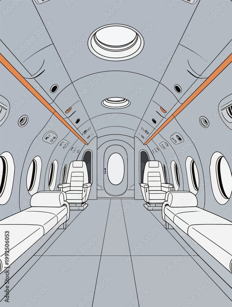 Obraz premium Design of an empty private jet interior with chairs and windows at daytime