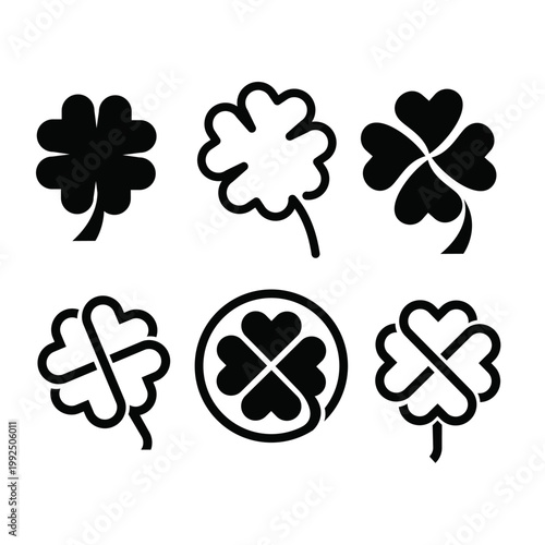 Four Leaf Clover Icons Set for St. Patrick's Day and Good Luck Symbols