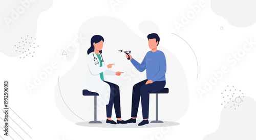 Doctor examining patient with otoscope, medical consultation, healthcare concept