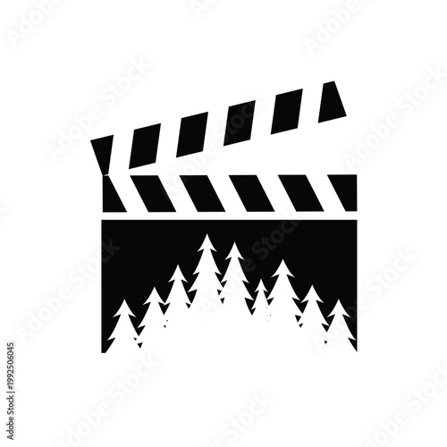 Film Clapperboard Icon with Pine Trees Silhouette for Movie Production and Nature Concepts