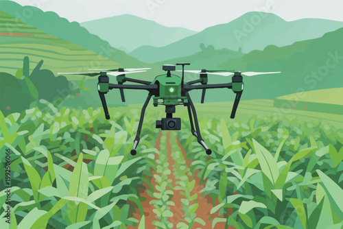 Drone flies over a green field, capturing images of crops during the day in a farming area with mountains in the distance