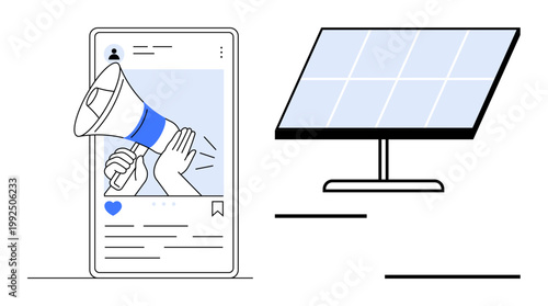 Digital marketing, clean energy, eco-awareness, sustainability, social campaigns, renewable power. Smartphone showing a promotion, solar panel next to it. Digital marketing and clean energy