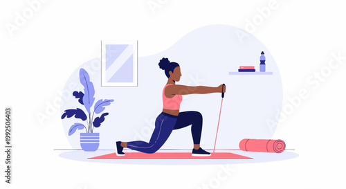 Black woman exercising with resistance band in home gym.