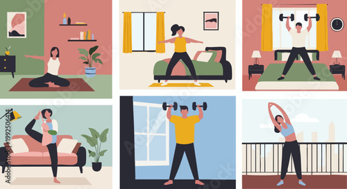 Diverse People Exercising and Working Out at Home.