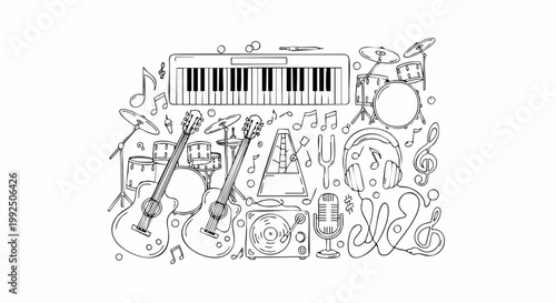 Doodle set of musical instruments and audio equipment.