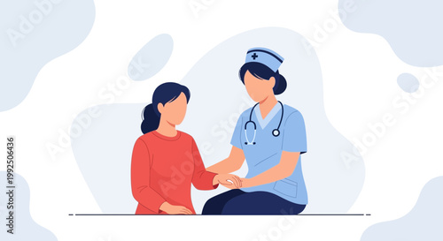Nurse comforting patient, healthcare, empathy, and support in medical setting