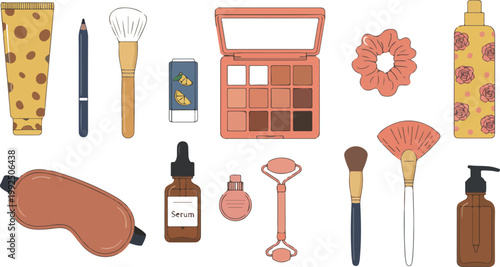 Modern makeup and skincare icon set with eyeshadow palette and serum