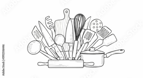 Collection of hand drawn kitchen utensils and cooking tools.
