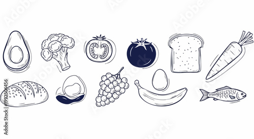 Collection of hand drawn healthy food items and groceries.