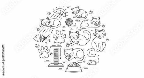 Cute hand drawn cat doodles collection in circular composition.