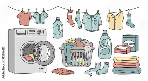 Doodle illustration of laundry room equipment and clothing.
