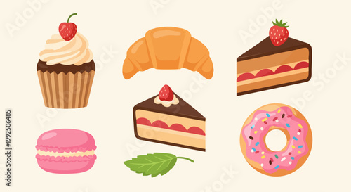 Assorted sweet dessert items collection with strawberry cake and cupcake.