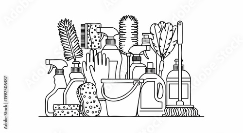 Black and white line art illustration of household cleaning supplies.