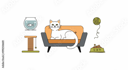 Cute white cat relaxing on a cozy sofa with pet accessories.