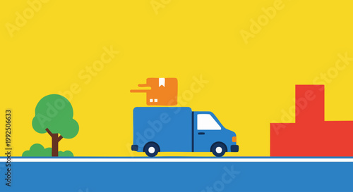 Cartoon delivery truck driving on road with parcel.
