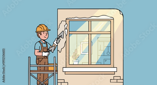 Construction worker on scaffolding plastering exterior wall of house near window