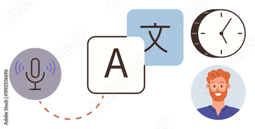 Language learning, communication, online classes, translation services, time management, virtual assistance. Microphone, text icons clock and a smiling person. Language translation