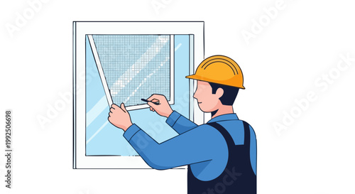 Worker in hard hat installing window insect screen. Vector illustration of construction or home repair service