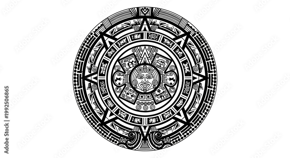 Fototapeta premium Ancient Aztec Calendar Stone Sun Stone Black and White Illustration.