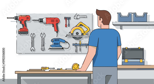 Man organizing power tools on pegboard in workshop illustration