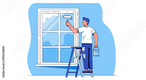 Man on ladder painting window frame with roller during home renovation