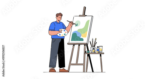 Creative man painting on canvas with easel and palette illustration
