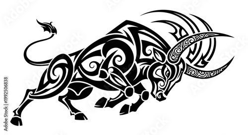 Black tribal bull with large horns.
