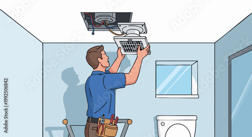 Man on ladder installing bathroom exhaust fan. Electrician working on home improvement and ventilation system repair