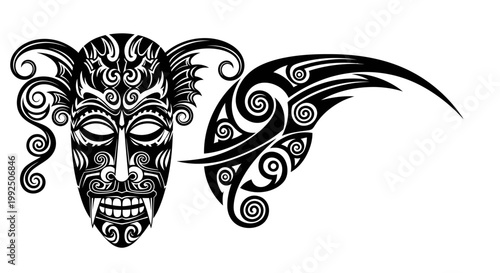 Intricate Tribal Mask and Wing Tattoo Design in Black and White.