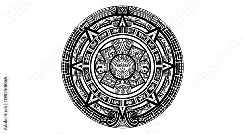Ancient Aztec Calendar Stone Sun Stone Black and White Illustration.