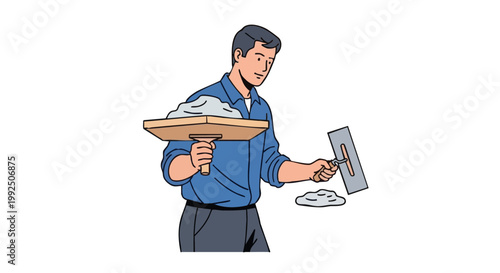 Construction worker with plastering hawk and trowel. Vector illustration of tradesman at work