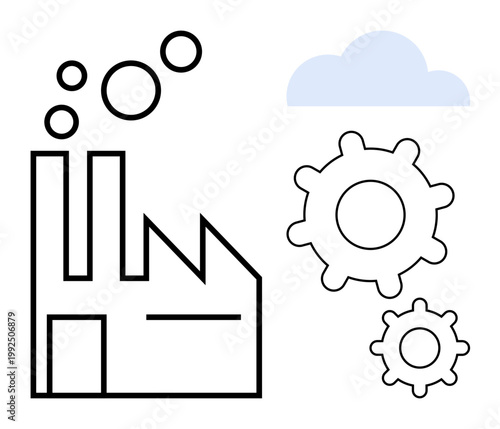Industry 4.0, manufacturing, cloud technology, production process, factory automation mechanical systems. A factory icon gears and a cloud symbol. Industry 4.0 and manufacturing ion