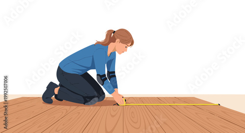 Woman measuring wooden floor with tape measure during home renovation