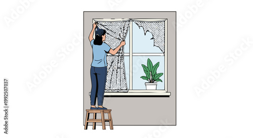 Woman on stool replacing torn window screen. Home improvement and DIY maintenance concept vector illustration