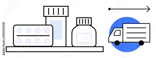 Pharmaceutical logistics, medical delivery, healthcare supplies, medicine distribution, prescription transport, online pharmacy. Medicine bottles, blister pack and truck with arrow. Pharmaceutical