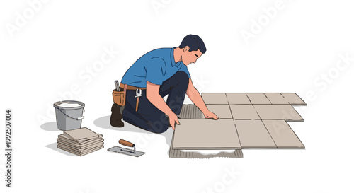 Tiler installing ceramic floor tiles. Construction worker laying new flooring with tools. Vector illustration