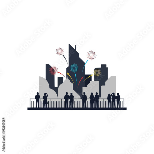 People watching fireworks display over cityscape, celebrating New Year's Eve with colorful explosions in the sky