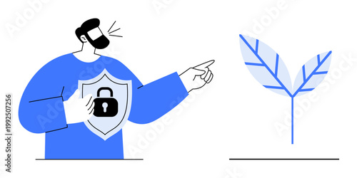 Cybersecurity, environmental protection, sustainability, data privacy, digital security, eco-consciousness. Person holding a shield with a lock symbol and pointing at a leaf. Cybersecurity