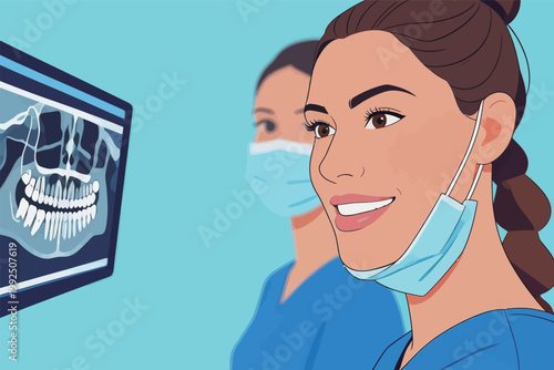 Dental team reviews x-ray in clinic while focusing on patient care and oral health