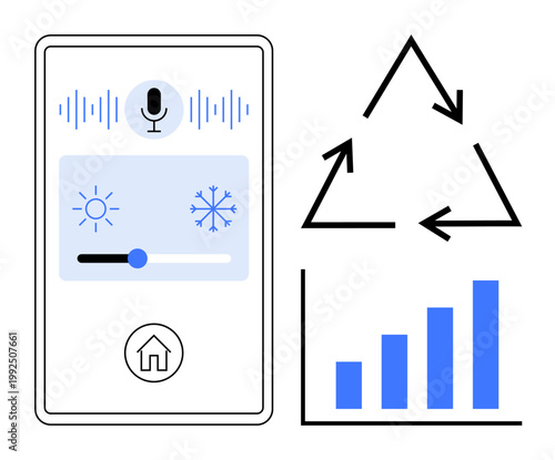 Smart technology, home automation, sustainability, climate control, eco-conscious living, data analysis. Smartphone interface showing climate settings, recycling symbol and bar graph. Smart